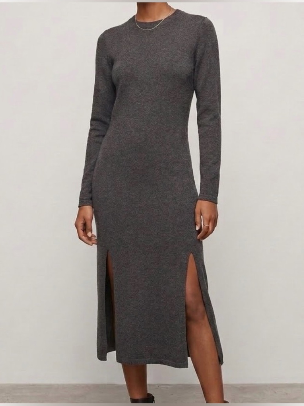 Long Sleeve Grey Knit Midi Dress with Side Slits